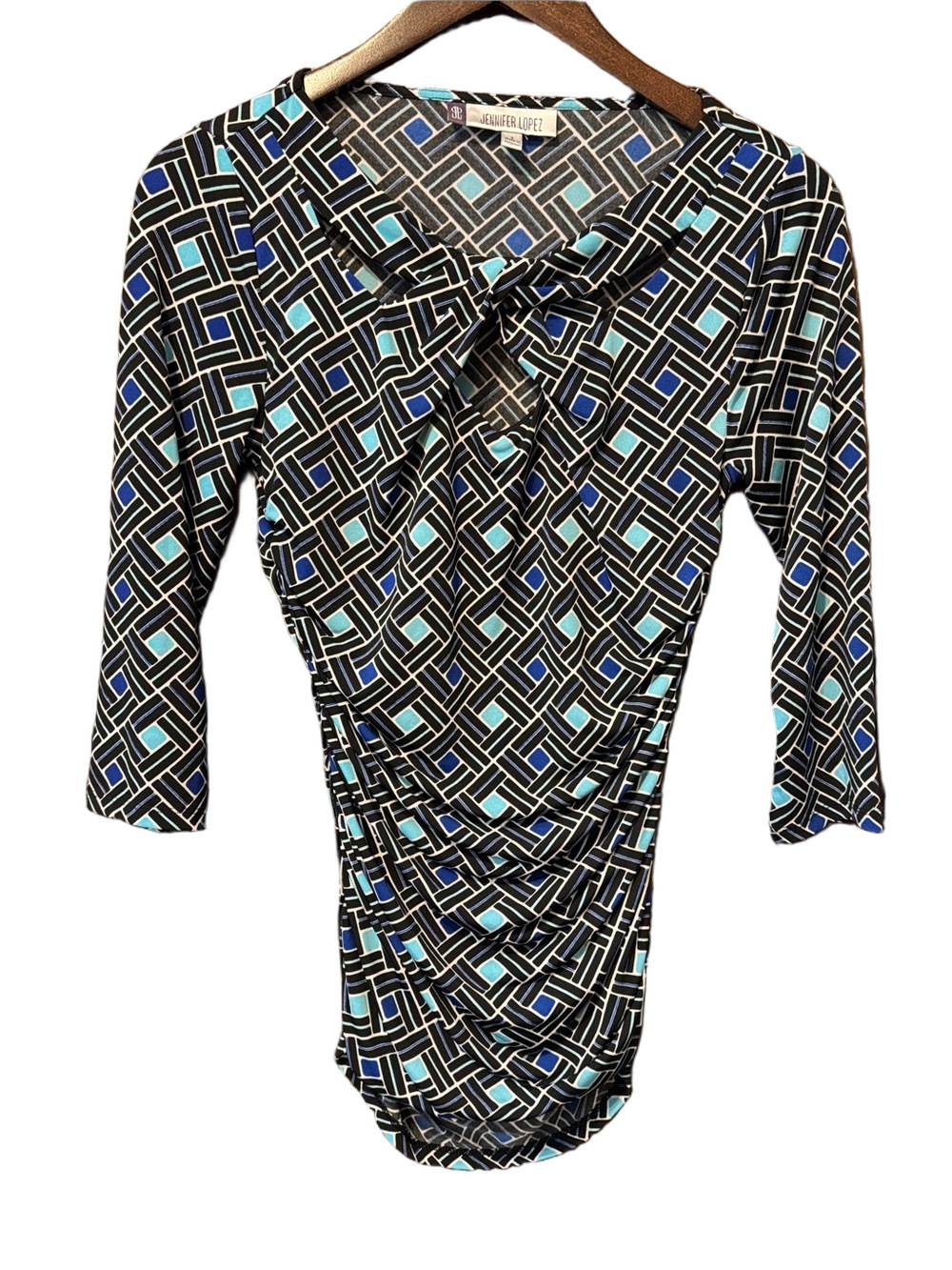 Jennifer Lopez 3/4 Sleeve Blouse with Blue and Aqua Geometric Print Size S